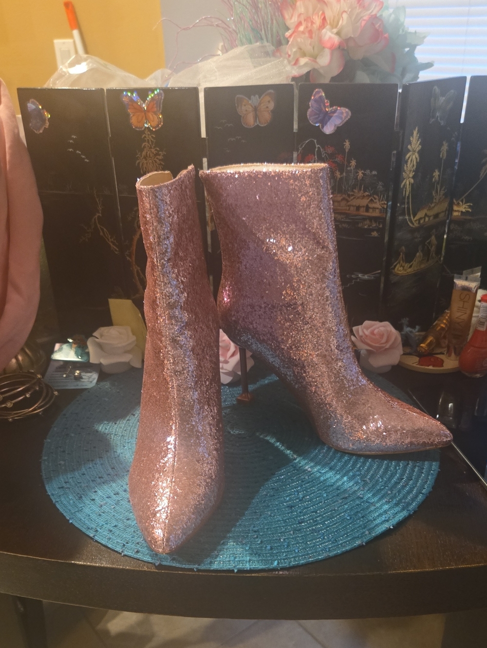 Fashion Nova Rose Gold Sequin Ankle Boots